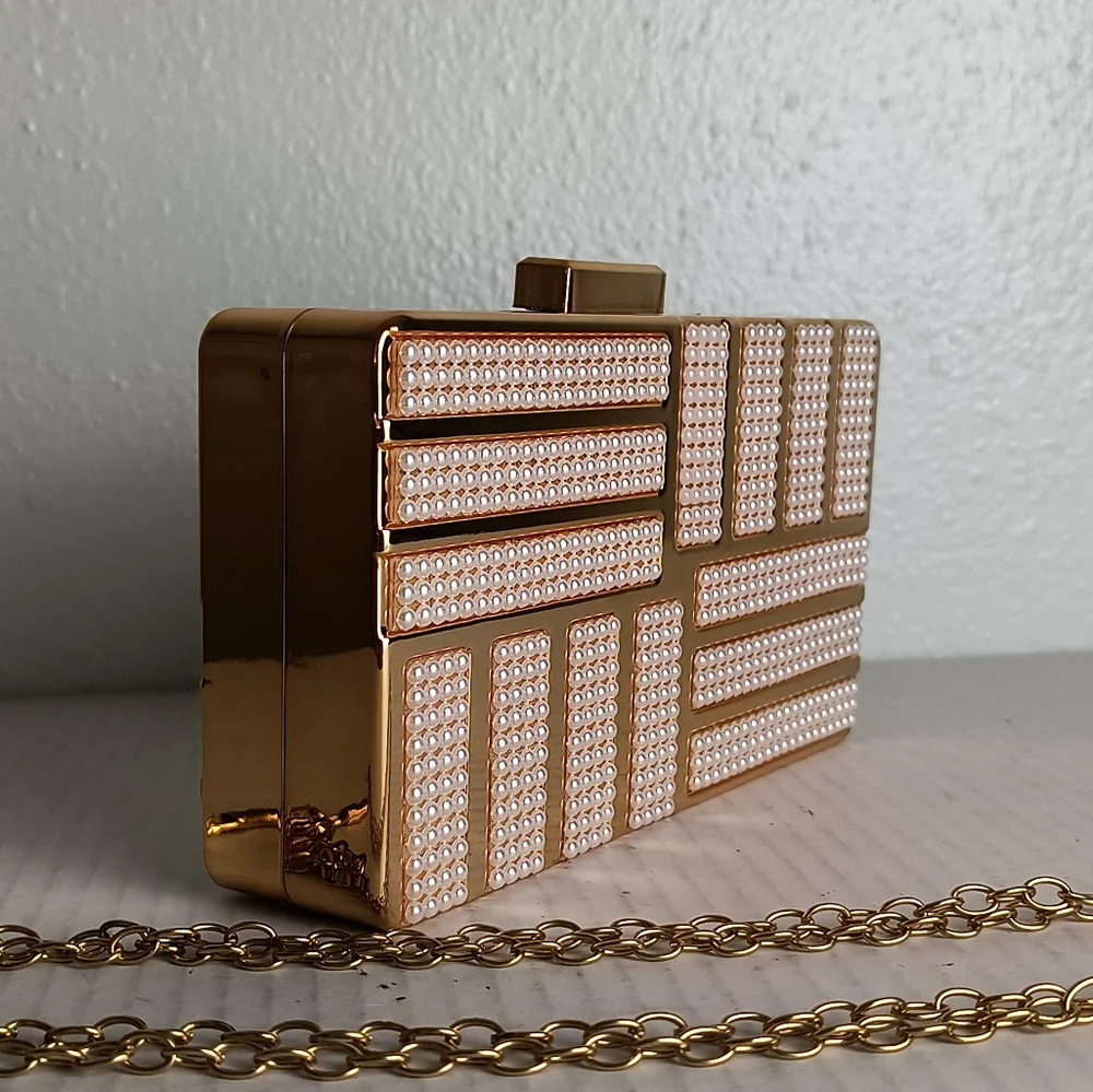 Pearlescent Acrylic Evening Clutch Bag Metal Gold Tone Strap Party Cocktail
